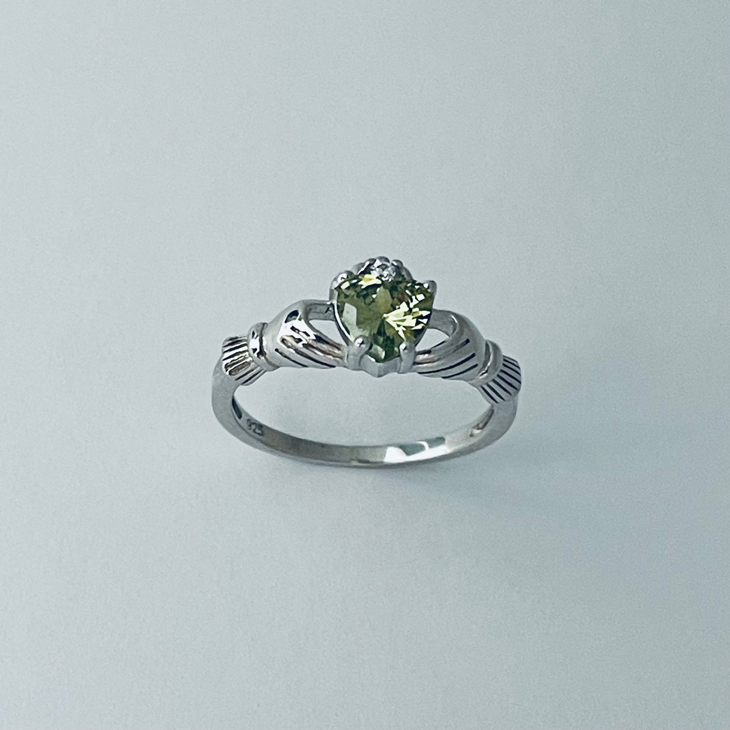 Sterling Silver Peridot CZ Heart Claddagh Ring, August Birthstone Silver Ring