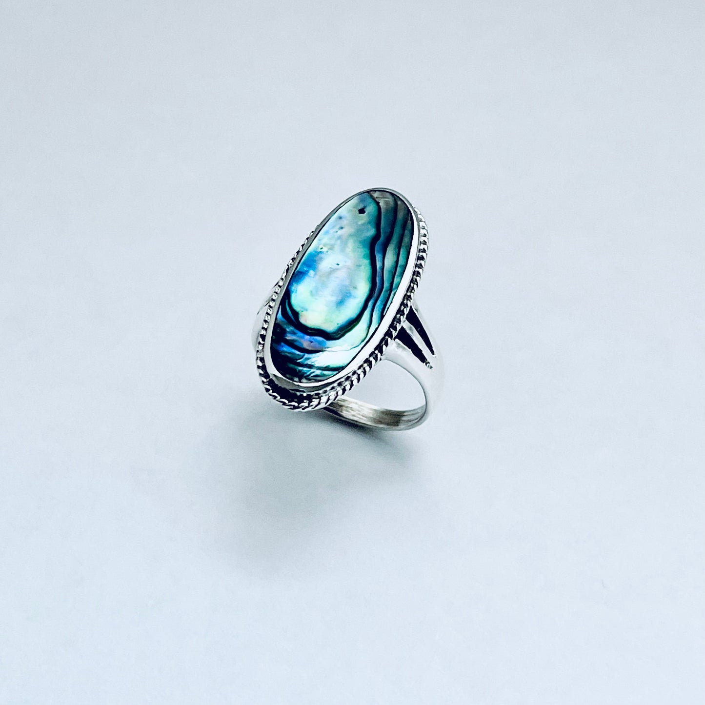 925 Sterling Silver Abalone Shell Ring | Long Oval Statement Ocean Jewelry