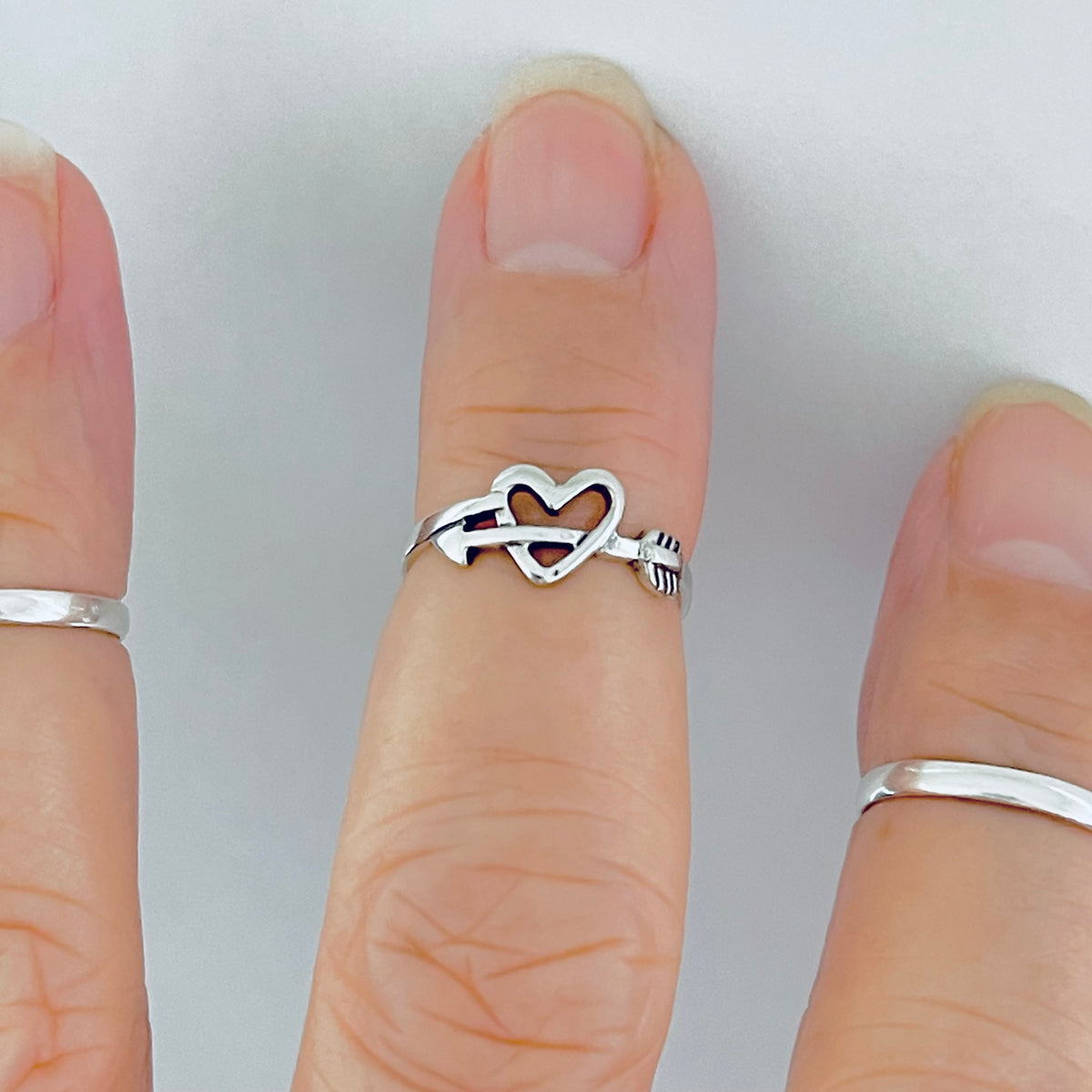 925 Sterling Silver Arrow Through Heart Toe Ring | Dainty Bow and Arrows Love Silver Rings