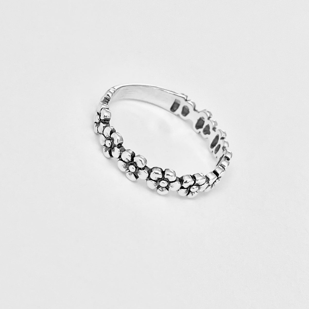 925 Sterling Silver Forget Me Not Flower Ring | Floral Stackable Wedding Silver Band