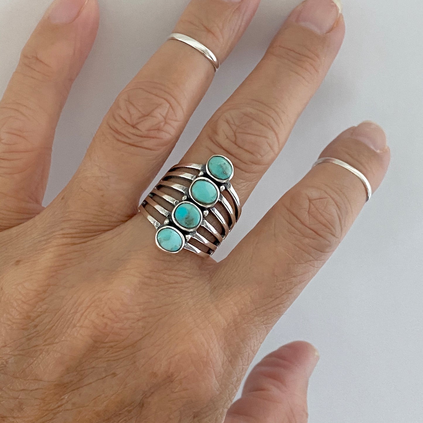 Sterling Silver Statement 4 Stone Genuine Turquoise Ring, Boho Ring, Silver Rings