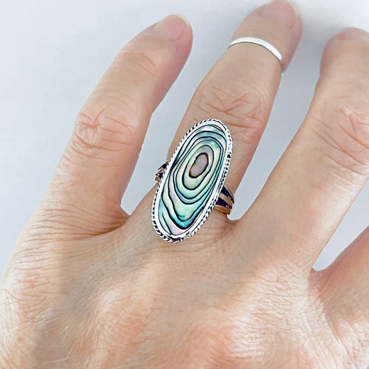925 Sterling Silver Abalone Shell Ring | Long Oval Statement Ocean Jewelry