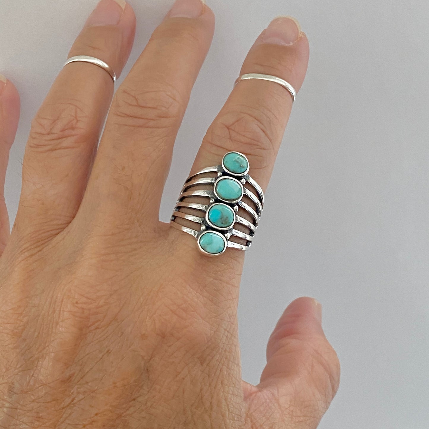 Sterling Silver Statement 4 Stone Genuine Turquoise Ring, Boho Ring, Silver Rings