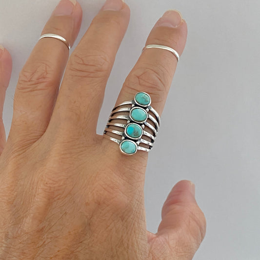 Sterling Silver Statement 4 Stone Genuine Turquoise Ring, Boho Ring, Silver Rings