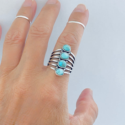 Sterling Silver 4 Stone Genuine Turquoise Ring, Boho Statement Jewelry