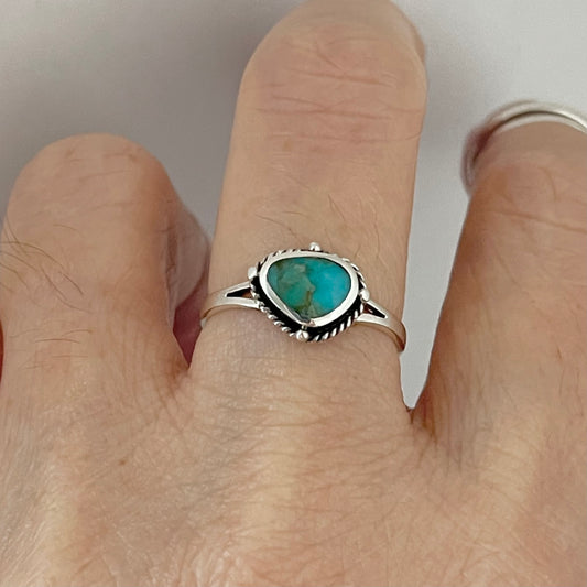 Sterling Silver Small Odd Shape Oval Genuine Turquoise Ring with Braid, Silver Stone Rings