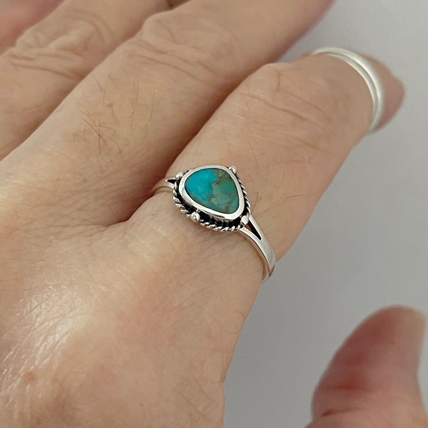 Sterling Silver Small Odd Shape Oval Genuine Turquoise Ring with Braid, Silver Stone Rings