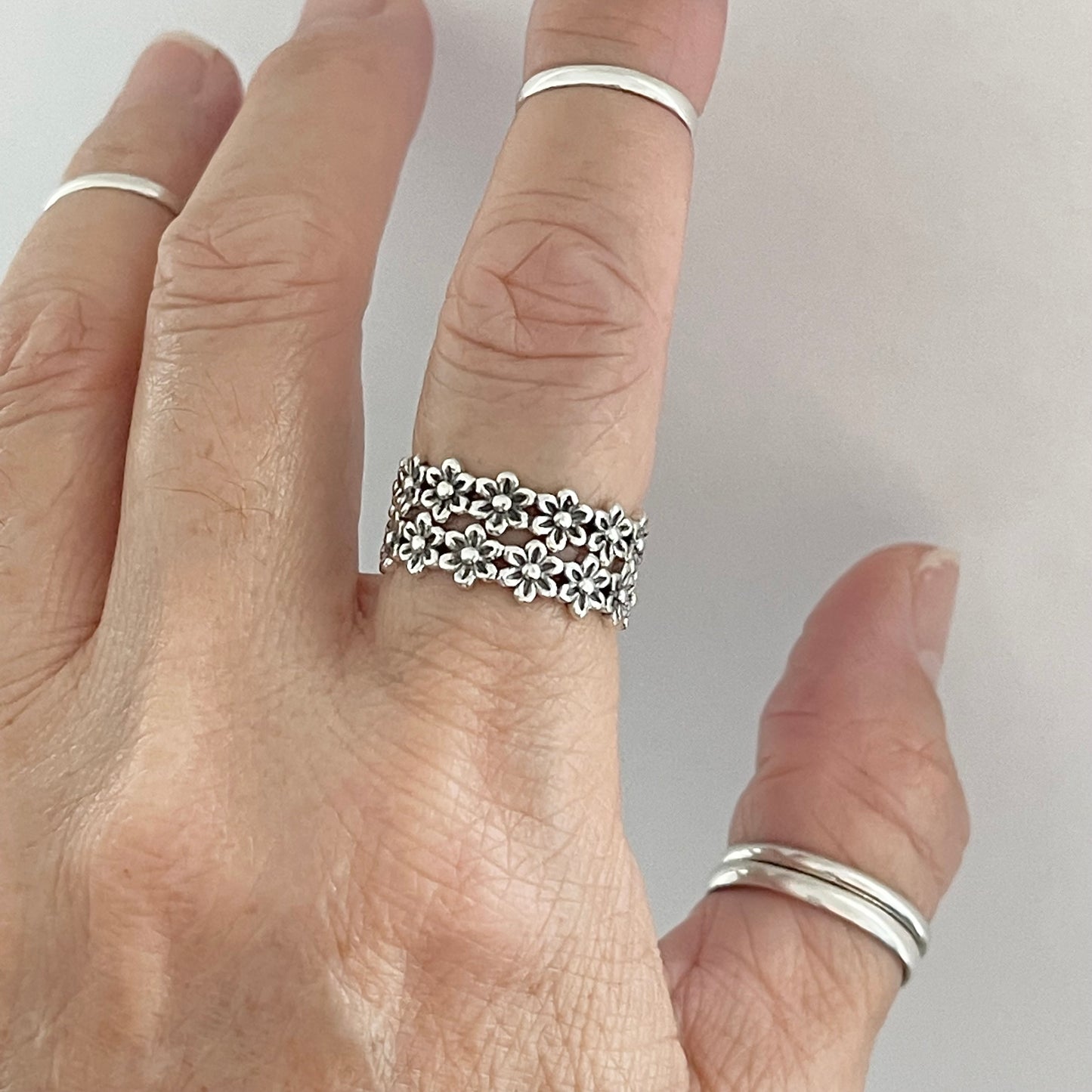 Sterling Silver Eternity Flower Band Ring, Wedding Bands, Floral Silver Rings