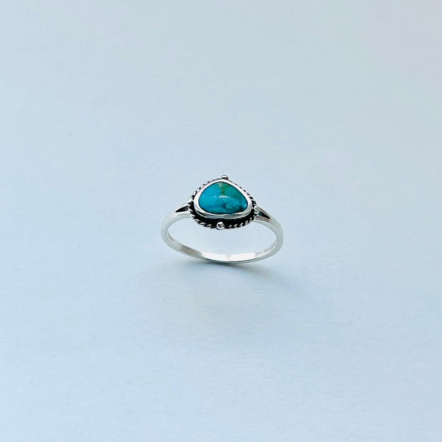 Sterling Silver Small Odd Shape Oval Genuine Turquoise Ring with Braid, Silver Stone Rings