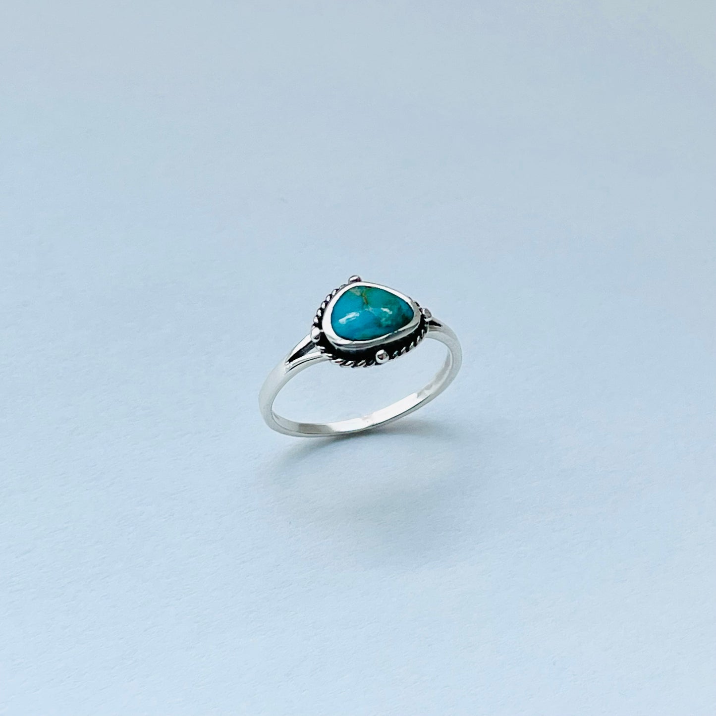 Sterling Silver Small Odd Shape Oval Genuine Turquoise Ring with Braid, Silver Stone Rings