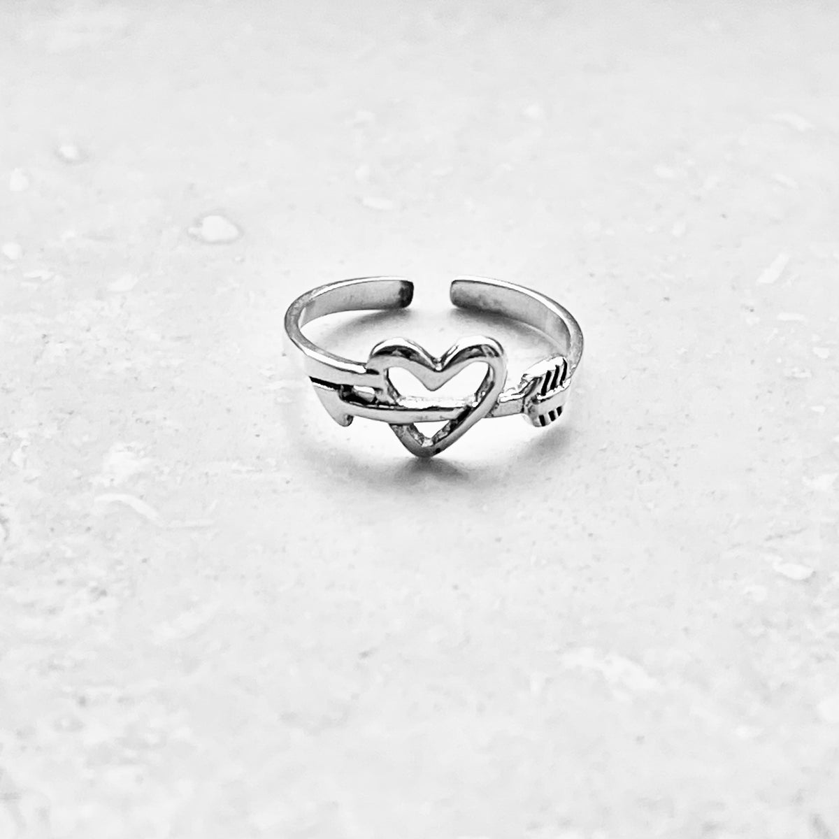 925 Sterling Silver Arrow Through Heart Toe Ring | Dainty Bow and Arrows Love Silver Rings