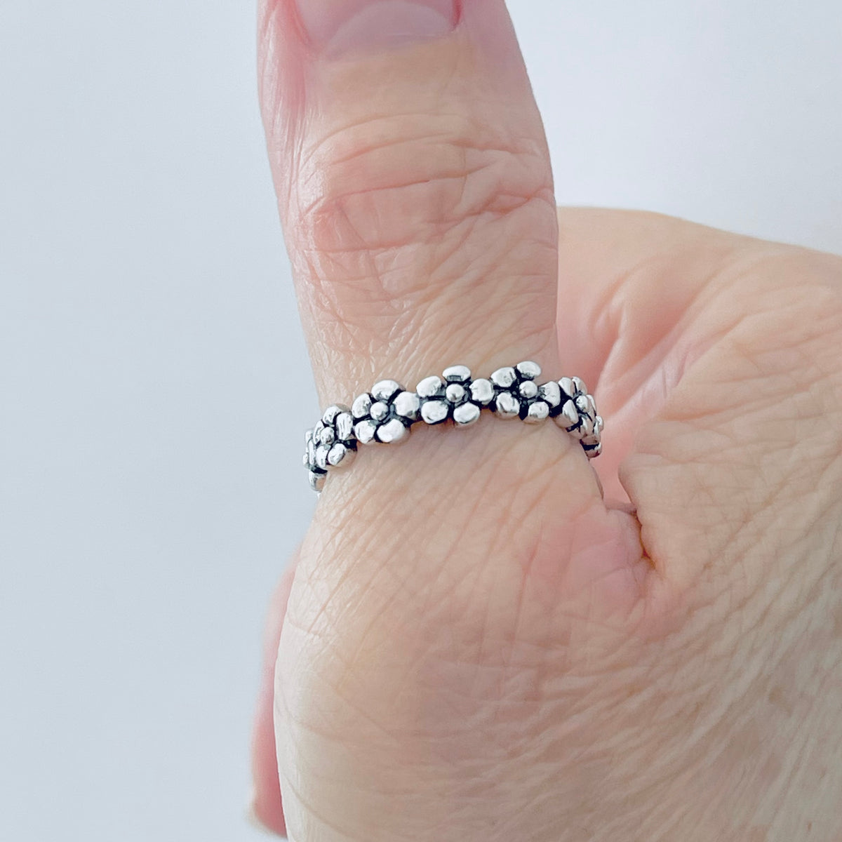 925 Sterling Silver Forget Me Not Flower Ring | Floral Stackable Wedding Silver Band