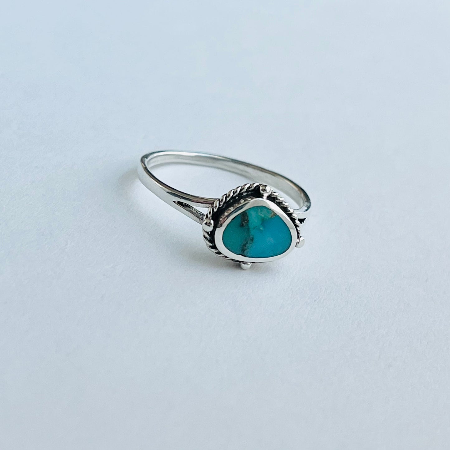 Sterling Silver Small Odd Shape Oval Genuine Turquoise Ring with Braid, Silver Stone Rings