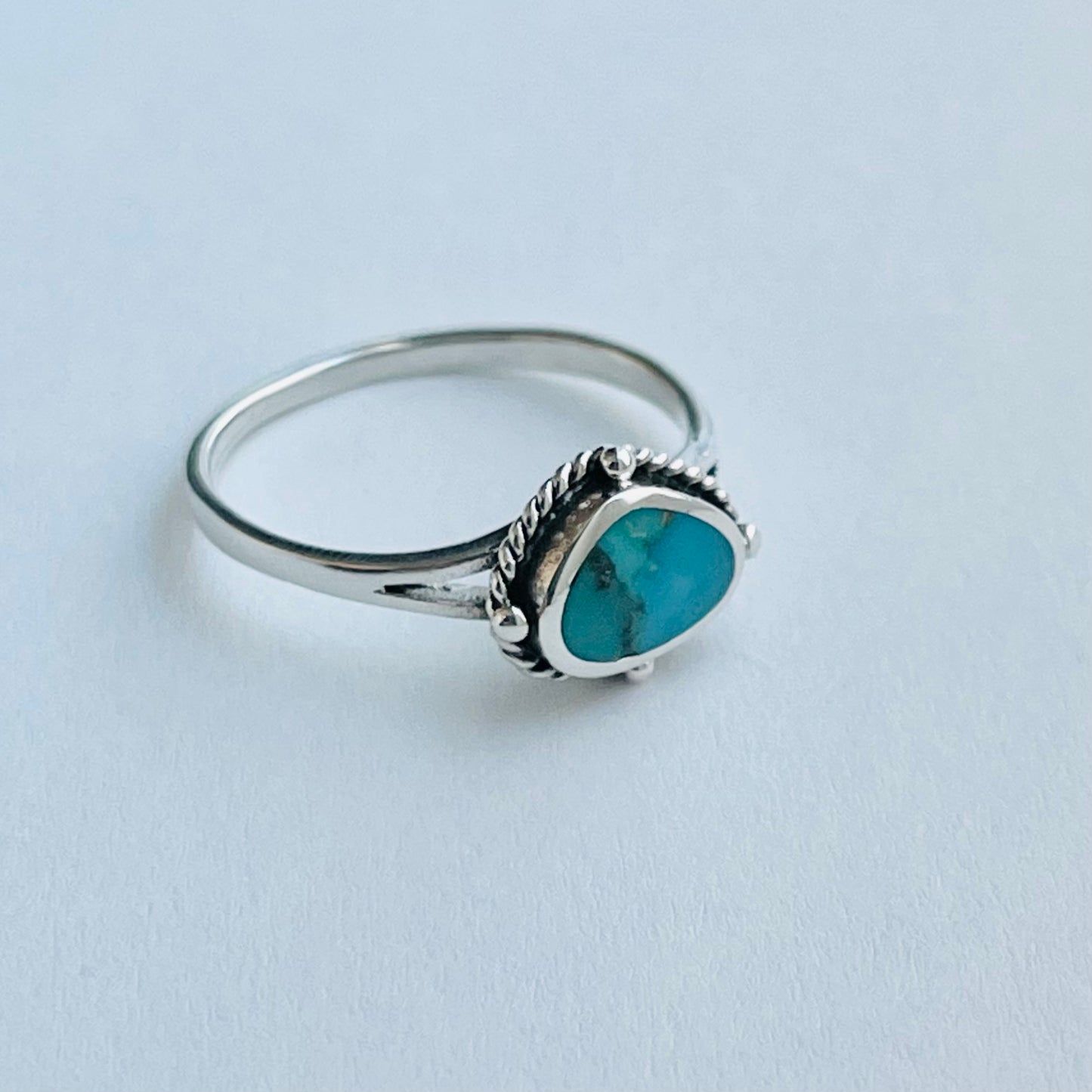 Sterling Silver Small Odd Shape Oval Genuine Turquoise Ring with Braid, Silver Stone Rings