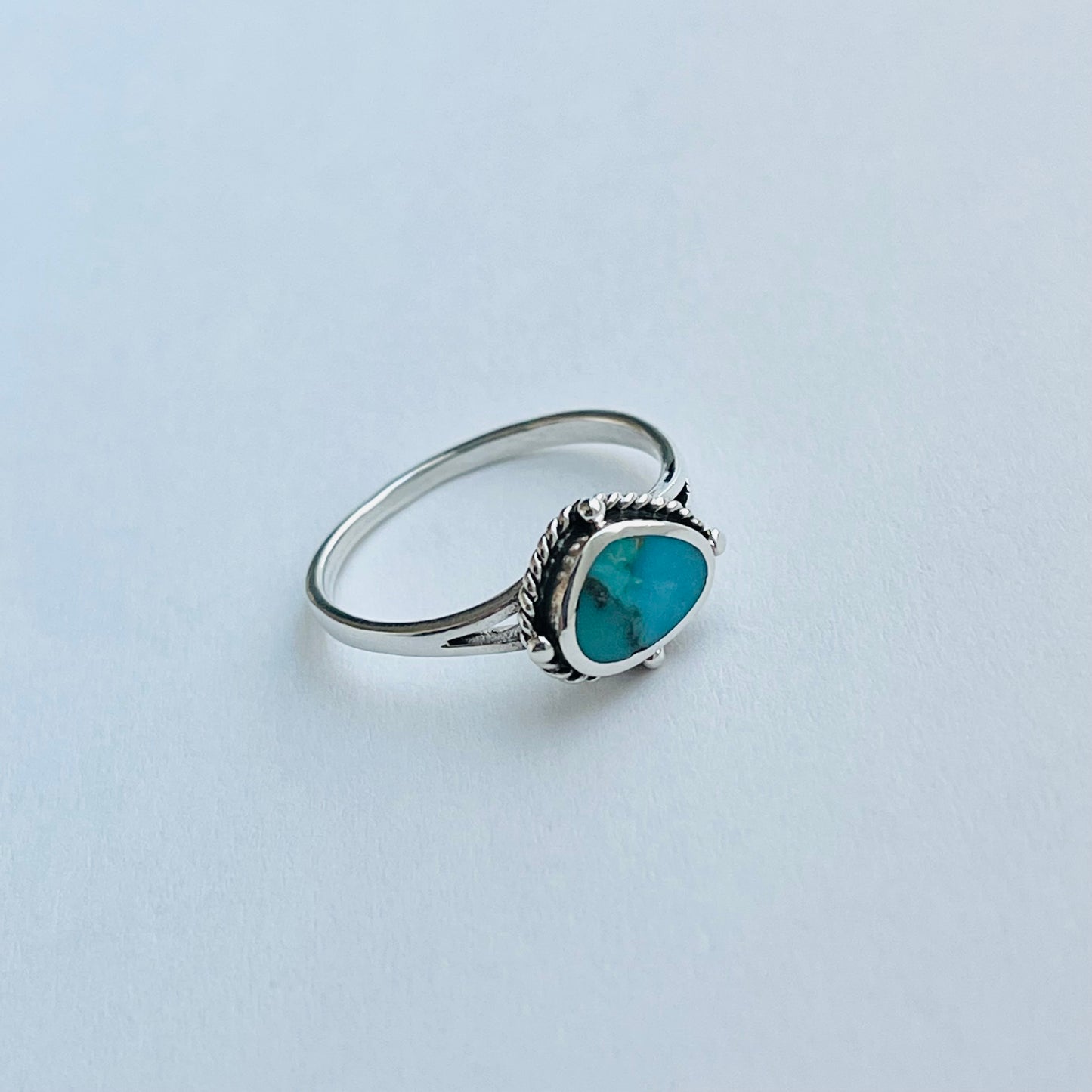 Sterling Silver Small Odd Shape Oval Genuine Turquoise Ring with Braid, Silver Stone Rings