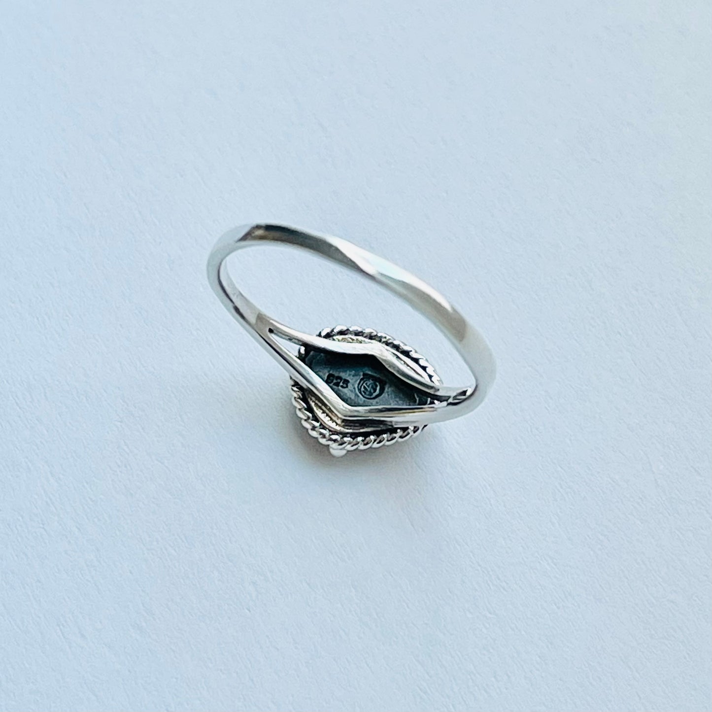 Sterling Silver Small Odd Shape Oval Genuine Turquoise Ring with Braid, Silver Stone Rings