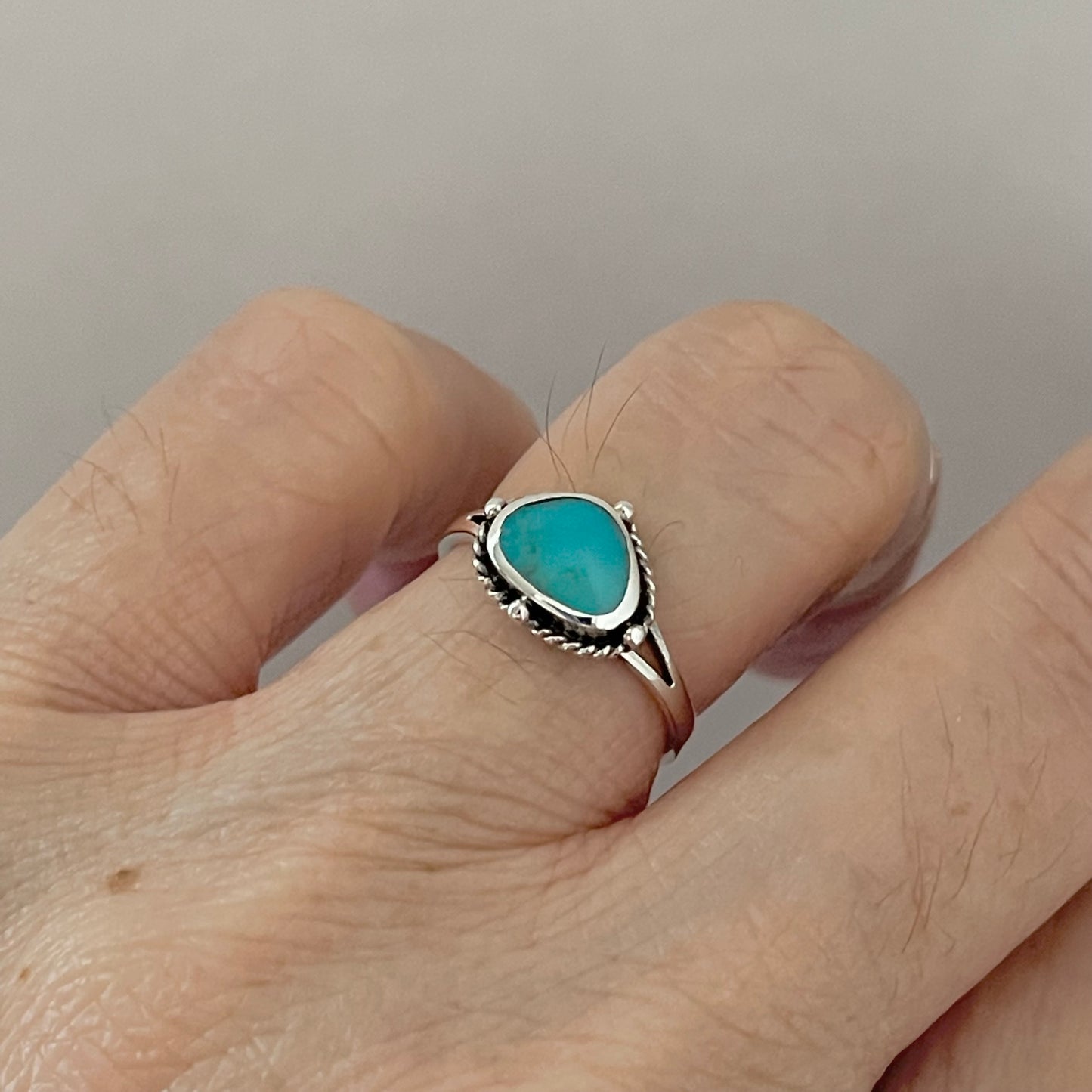 Sterling Silver Small Odd Shape Oval Genuine Turquoise Ring with Braid, Silver Stone Rings