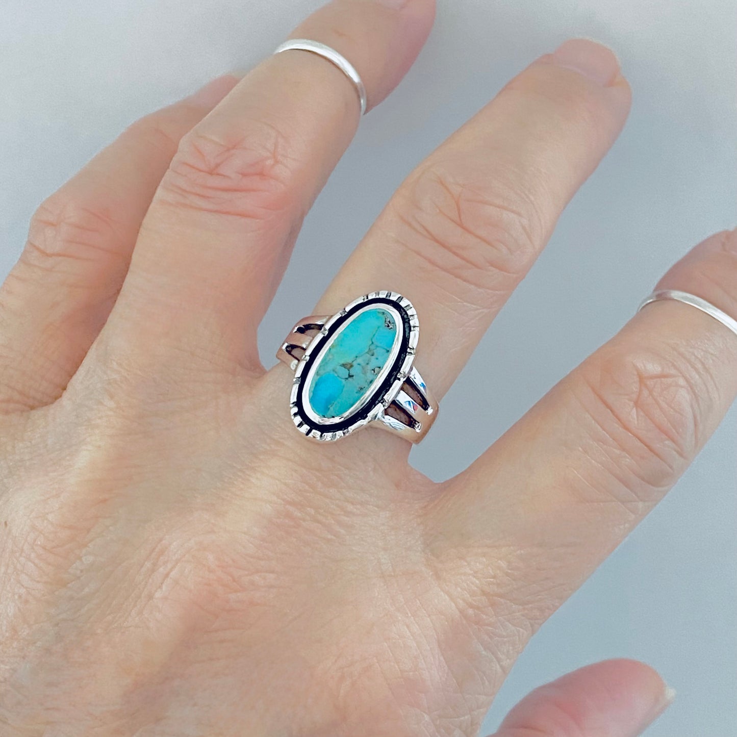 Sterling Silver Oval Genuine Turquoise Ring, Statement Boho Jewelry