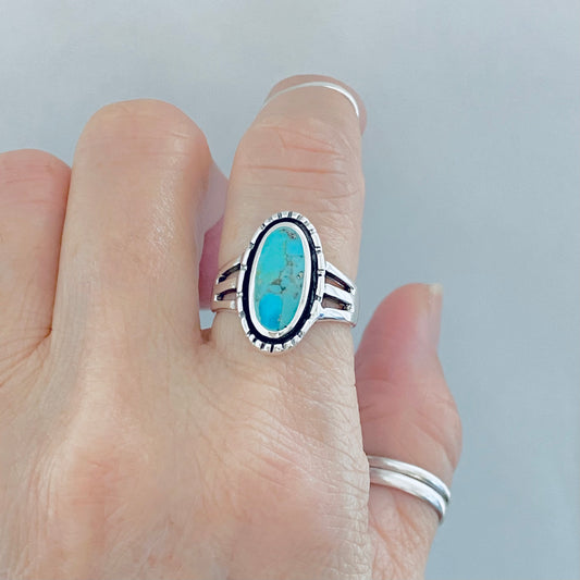 Sterling Silver Oval Genuine Turquoise Ring – Boho Statement Stone Silver Rings