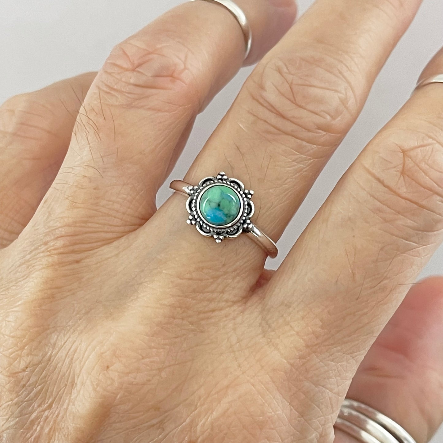 Sterling Silver Flower Genuine Turquoise Ring, Mandala Silver Ring