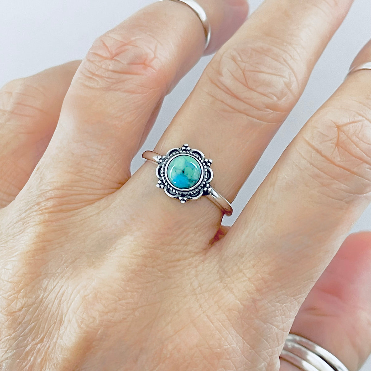 925 Sterling Silver Dainty Flower Genuine Turquoise Ring | Floral Mandala Stone Silver Rings
