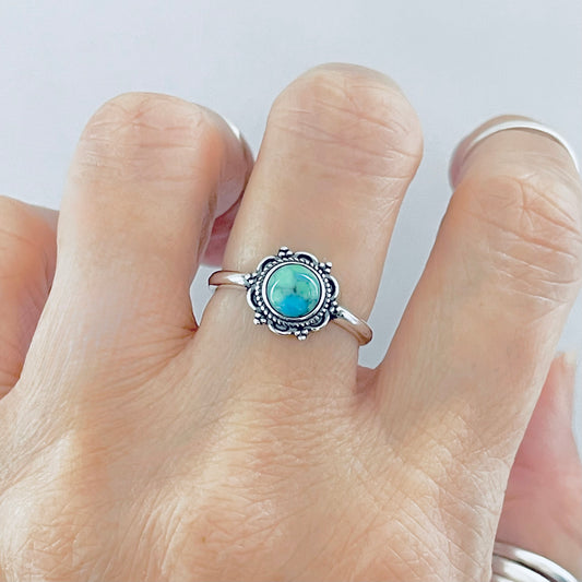 925 Sterling Silver Dainty Flower Genuine Turquoise Ring | Floral Mandala Stone Silver Rings