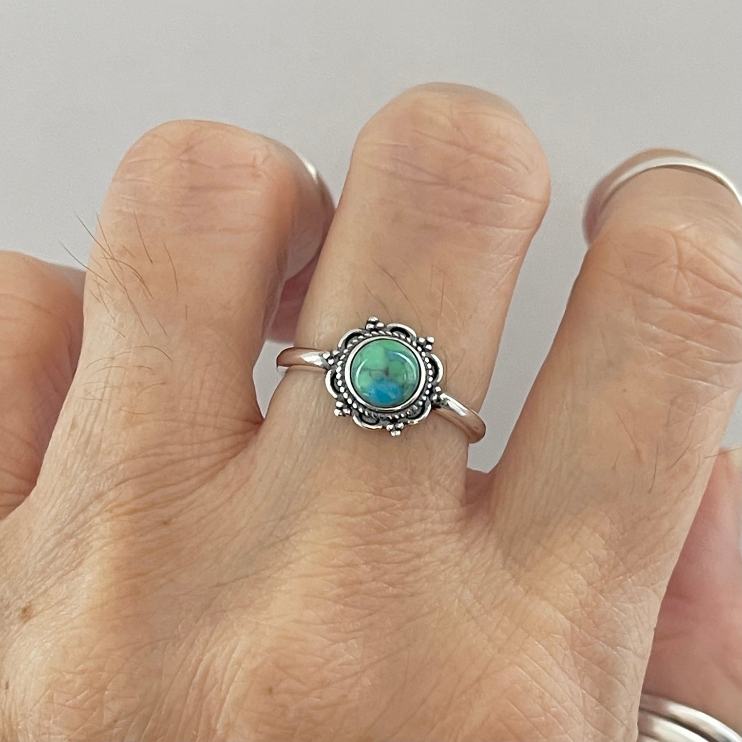 Sterling Silver Flower Genuine Turquoise Ring, Mandala Silver Ring