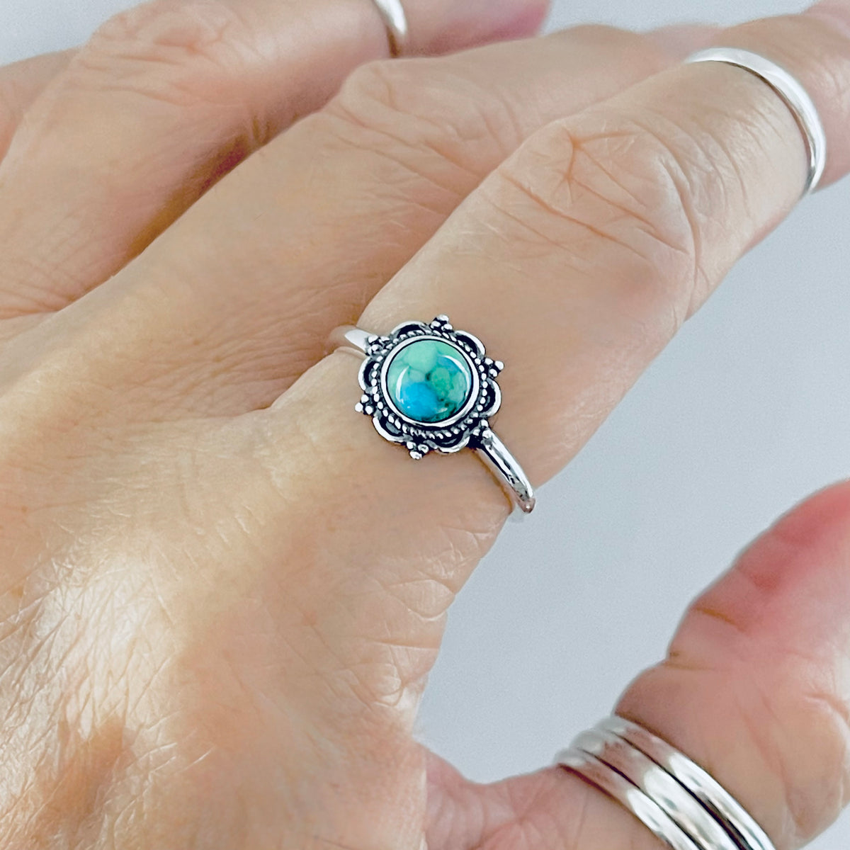 925 Sterling Silver Dainty Flower Genuine Turquoise Ring | Floral Mandala Stone Silver Rings