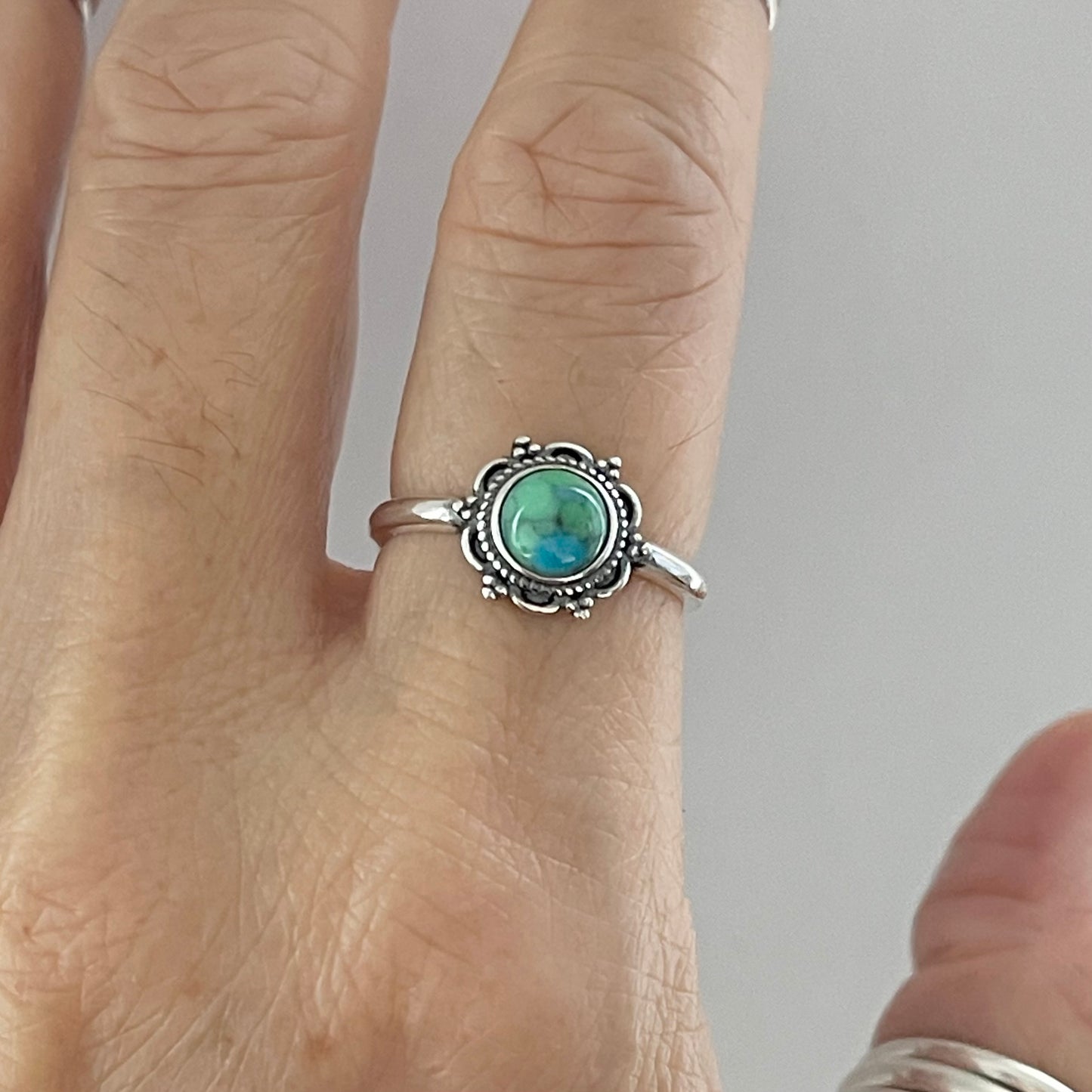 Sterling Silver Flower Genuine Turquoise Ring, Mandala Silver Ring