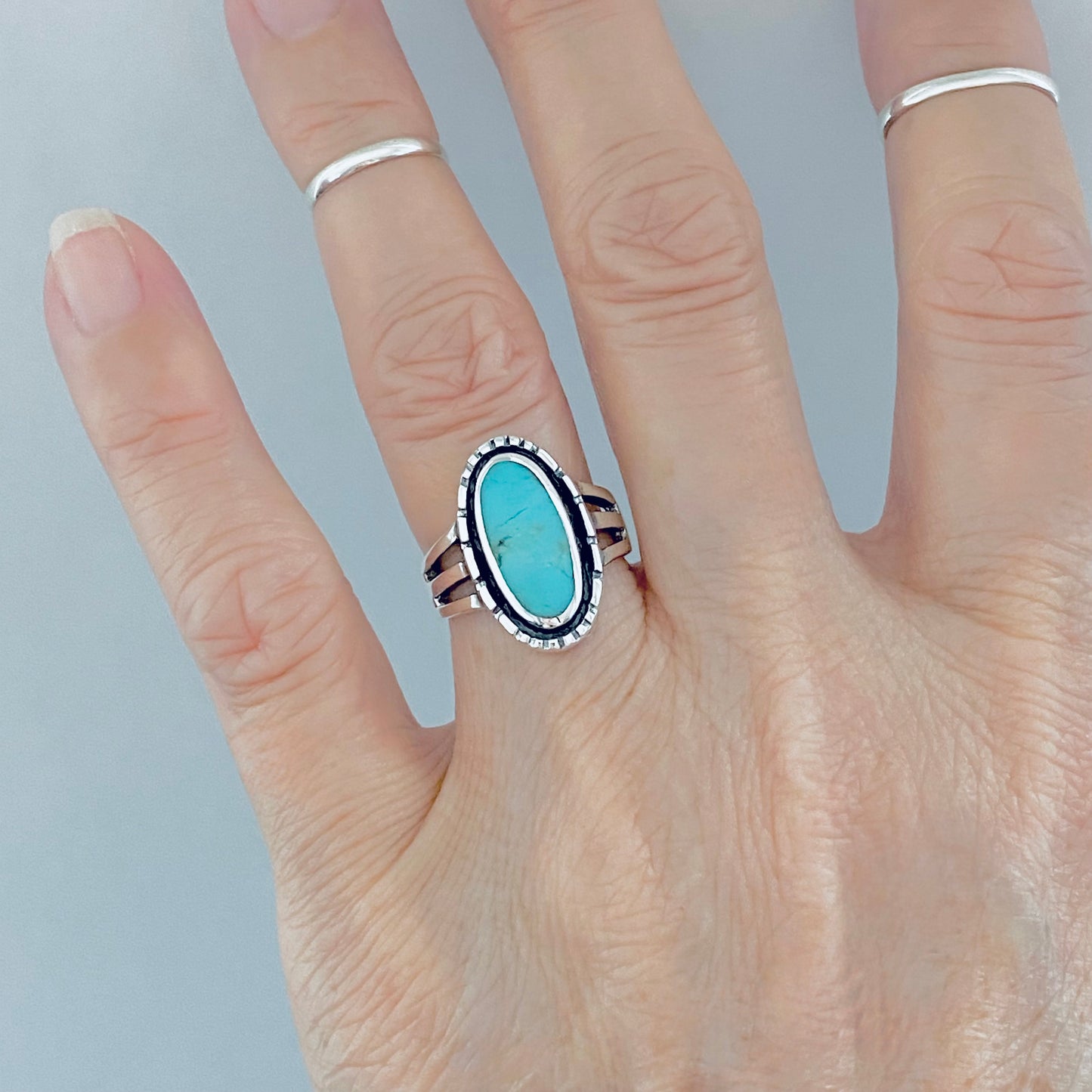 Sterling Silver Oval Genuine Turquoise Ring, Statement Boho Jewelry