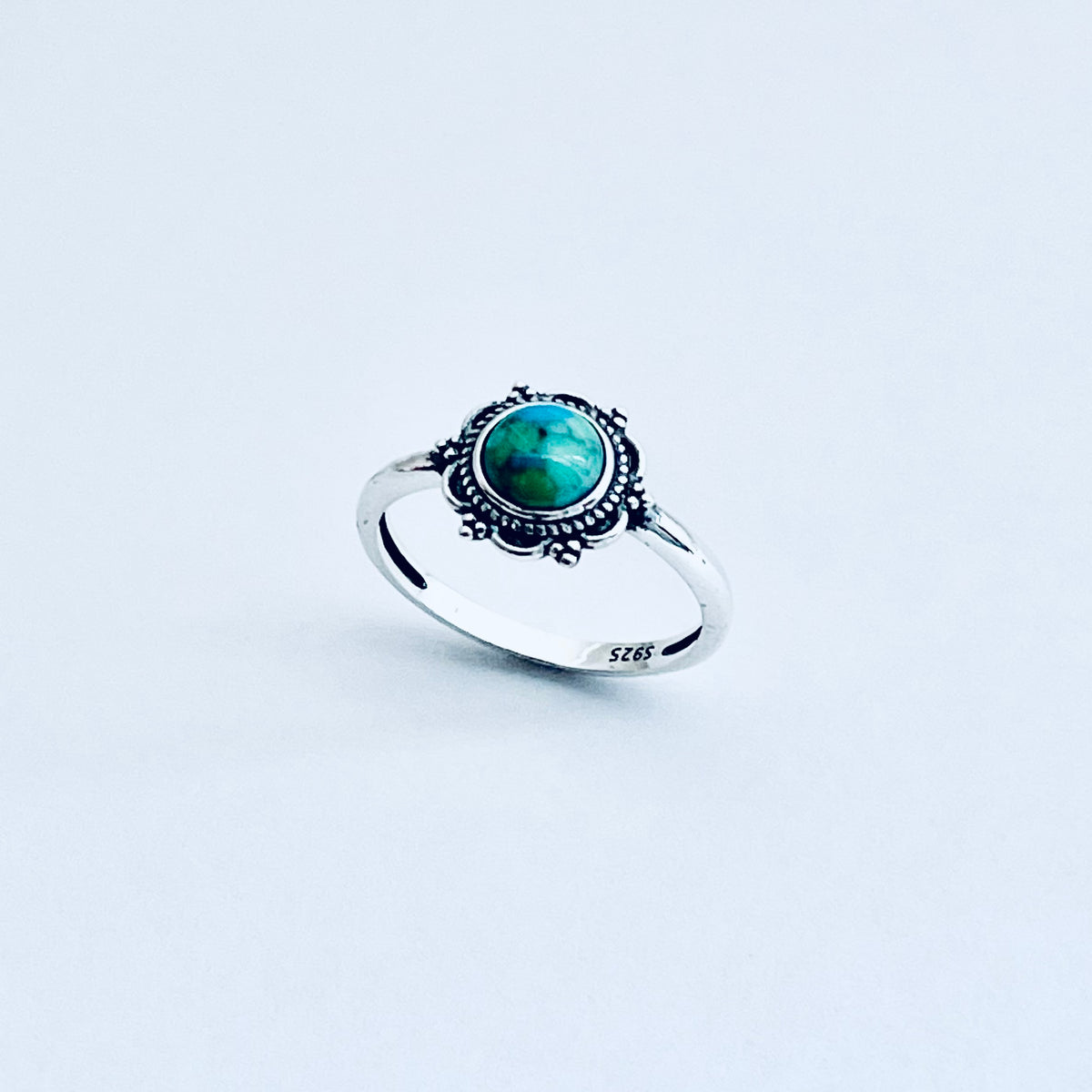 925 Sterling Silver Dainty Flower Genuine Turquoise Ring | Floral Mandala Stone Silver Rings