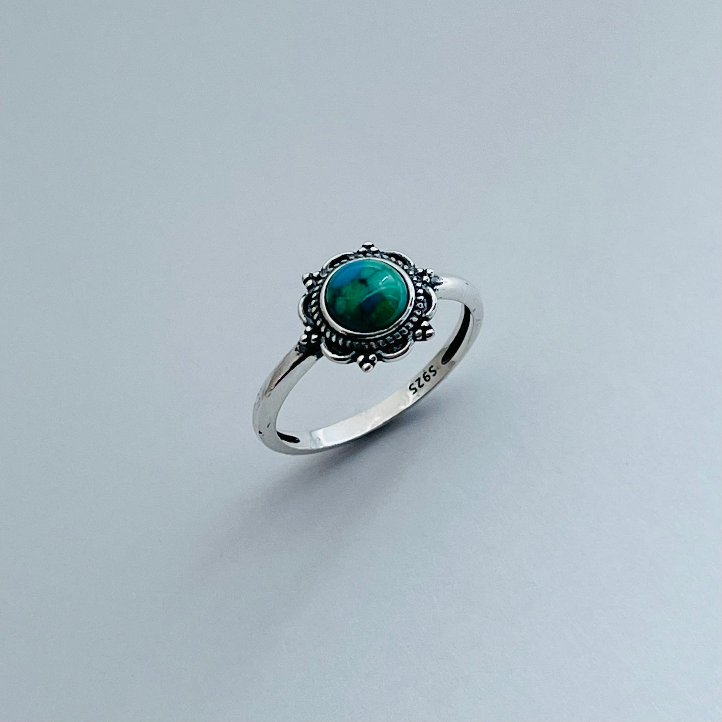 Sterling Silver Flower Genuine Turquoise Ring, Mandala Silver Ring