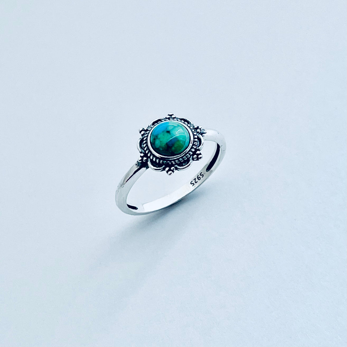 925 Sterling Silver Dainty Flower Genuine Turquoise Ring | Floral Mandala Stone Silver Rings