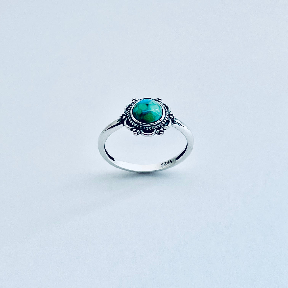 925 Sterling Silver Dainty Flower Genuine Turquoise Ring | Floral Mandala Stone Silver Rings