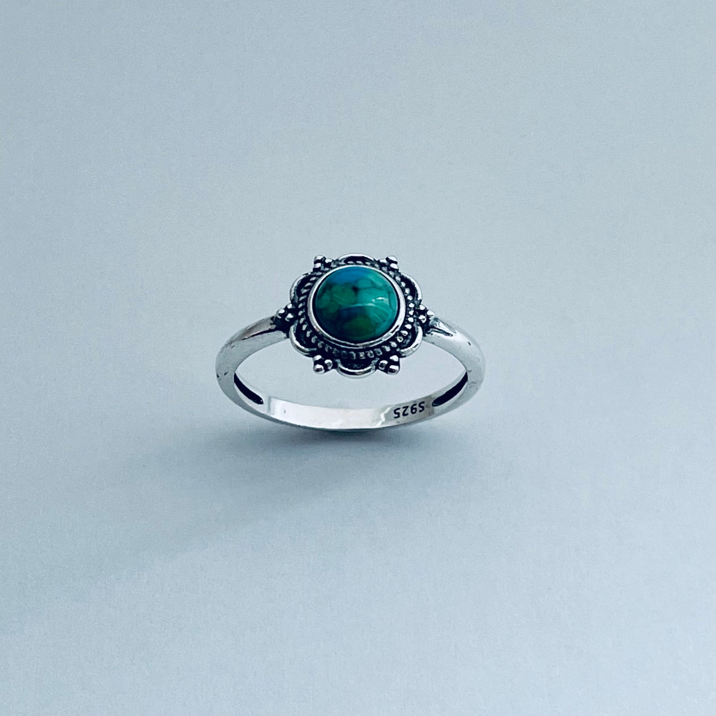 Sterling Silver Flower Genuine Turquoise Ring, Mandala Silver Ring