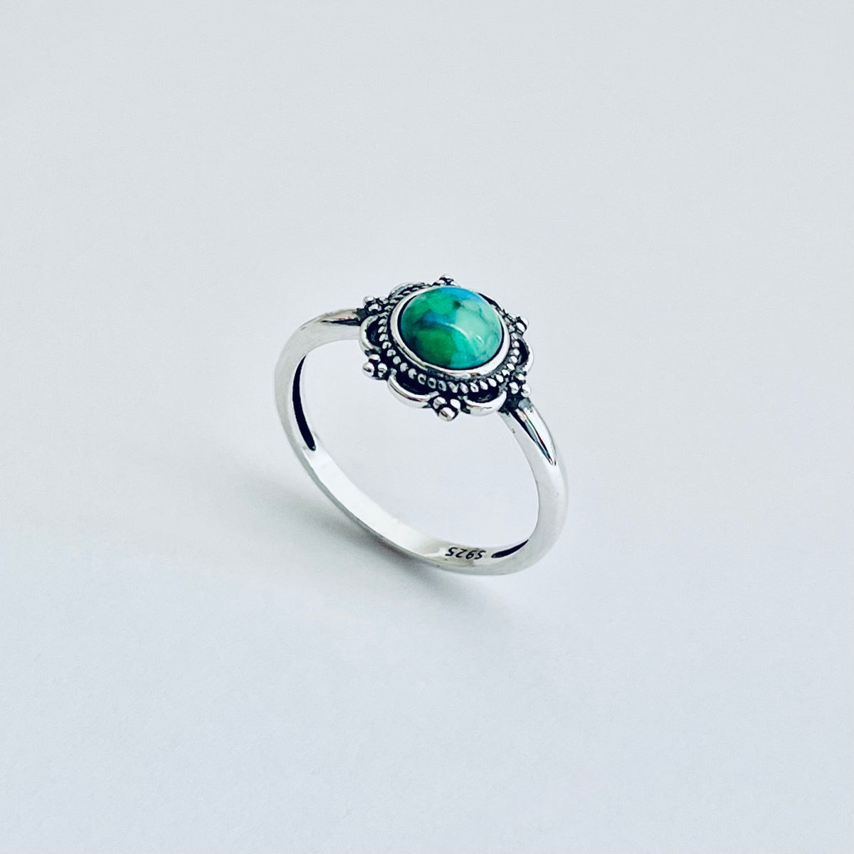 925 Sterling Silver Dainty Flower Genuine Turquoise Ring | Floral Mandala Stone Silver Rings