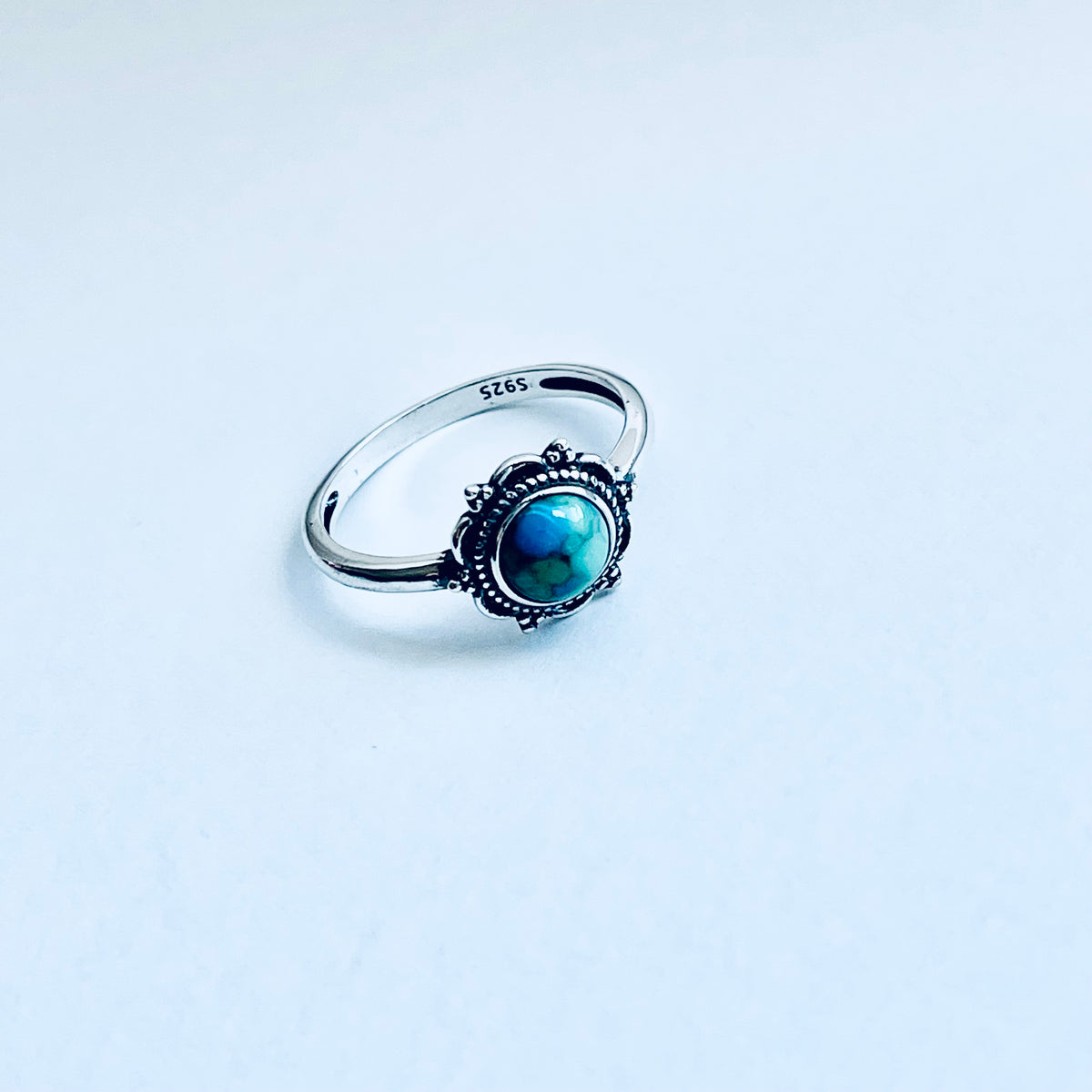 925 Sterling Silver Dainty Flower Genuine Turquoise Ring | Floral Mandala Stone Silver Rings