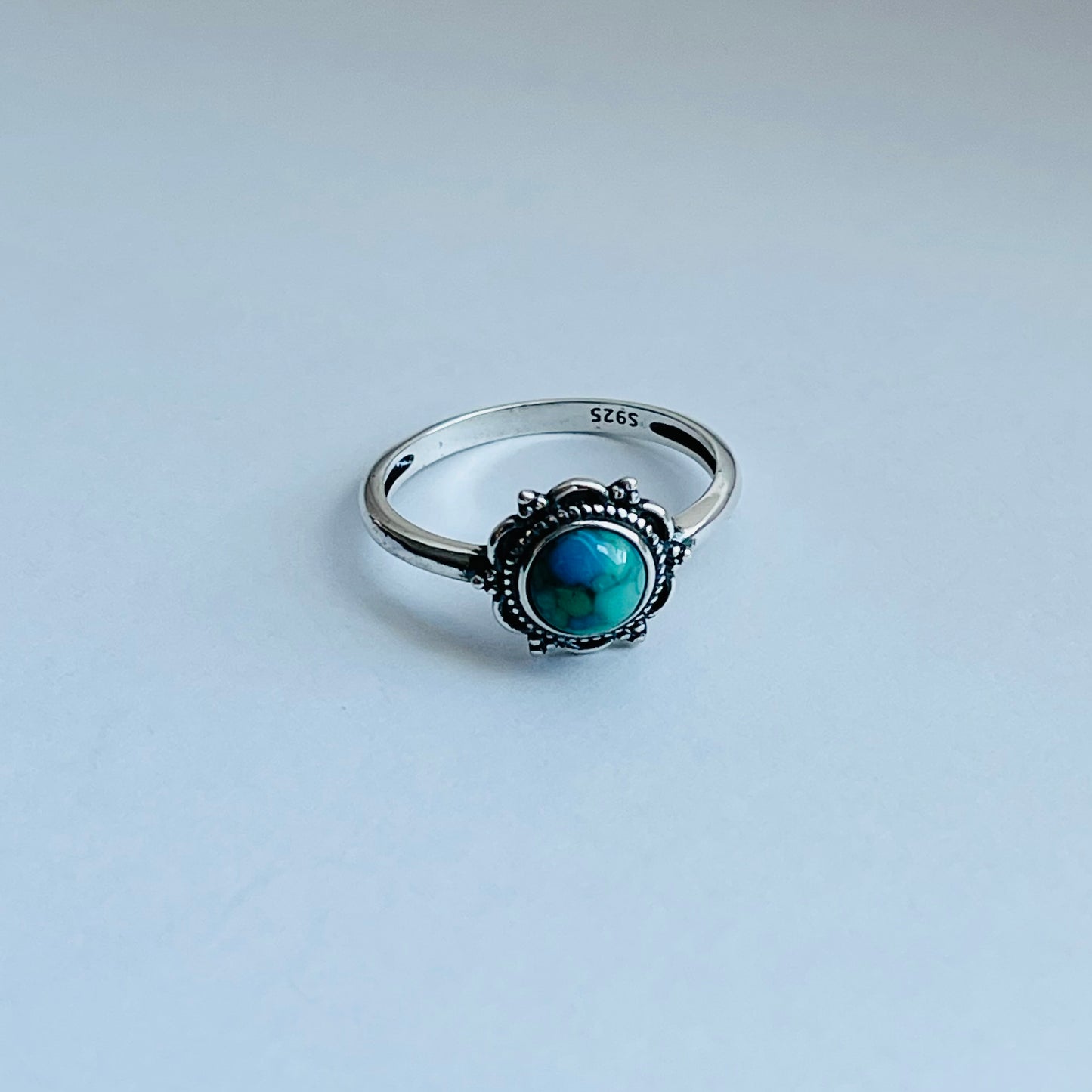 Sterling Silver Flower Genuine Turquoise Ring, Mandala Silver Ring