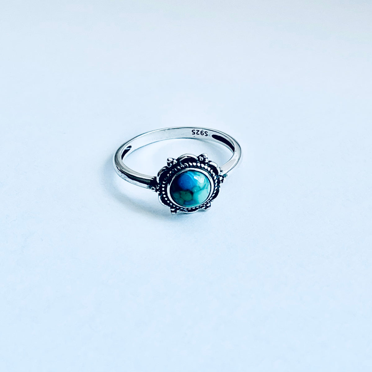 925 Sterling Silver Dainty Flower Genuine Turquoise Ring | Floral Mandala Stone Silver Rings