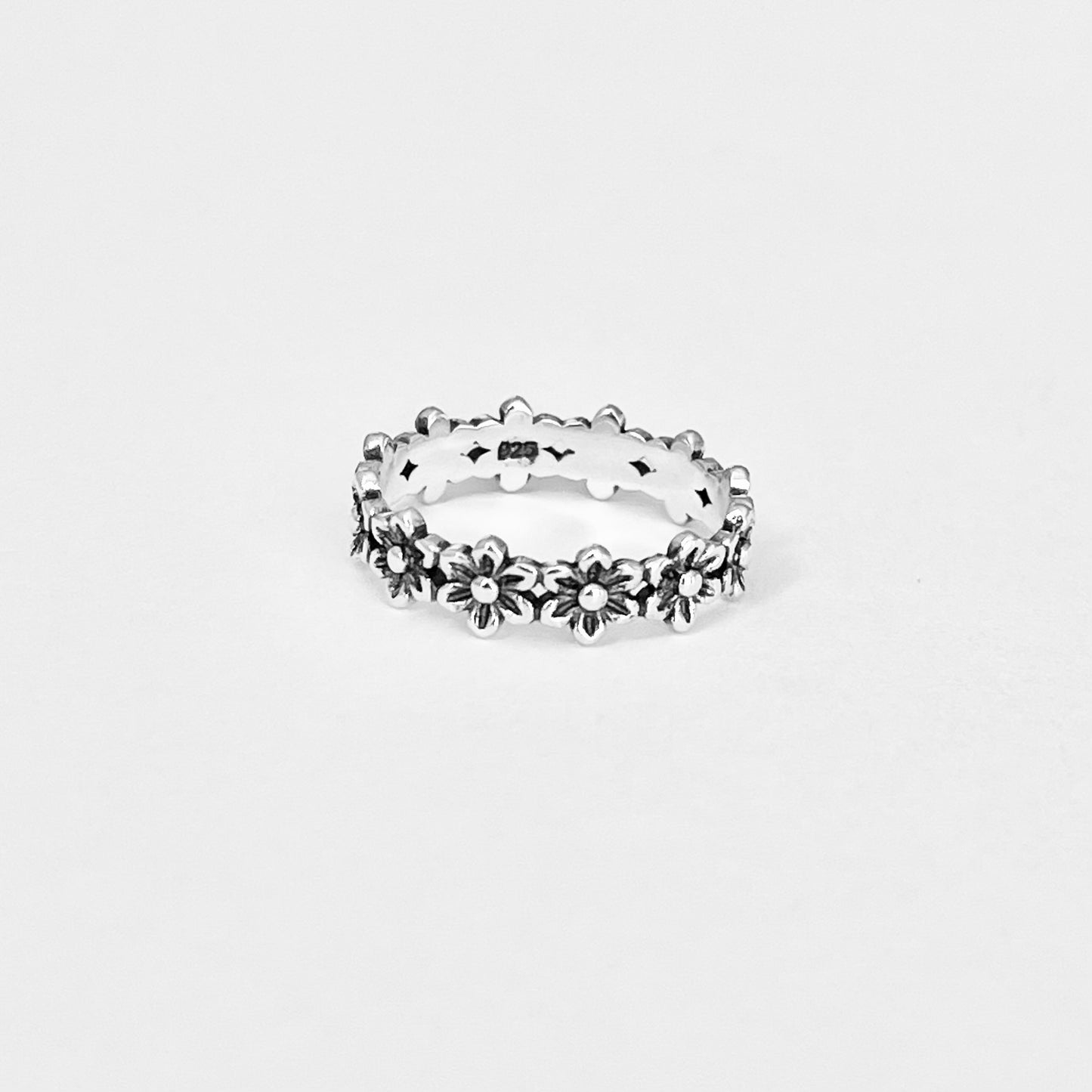 925 Sterling Silver Eternity Flower Band – Floral Wedding Ring, Stackable Silver Rings for Women