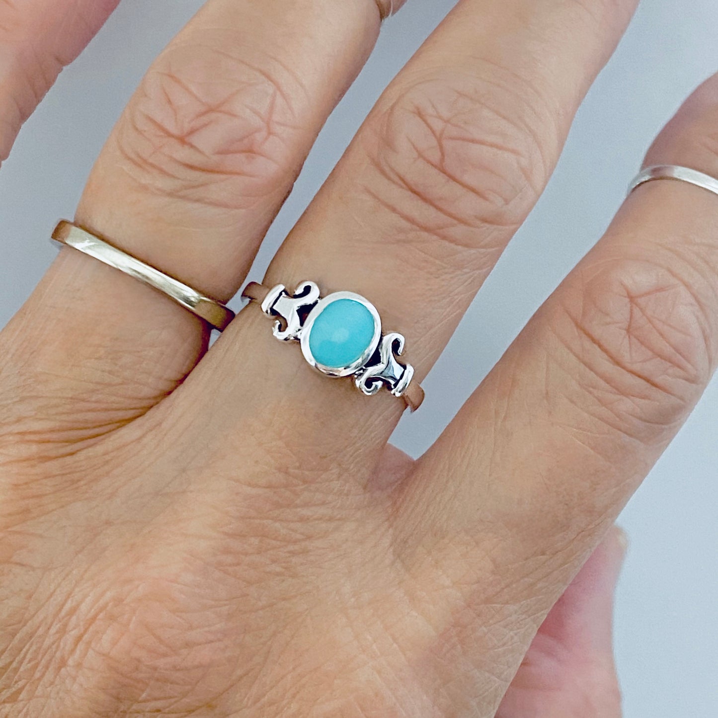 Sterling Silver Round Synthetic Turquoise Ring with Swirls, Dainty Stone Jewelry