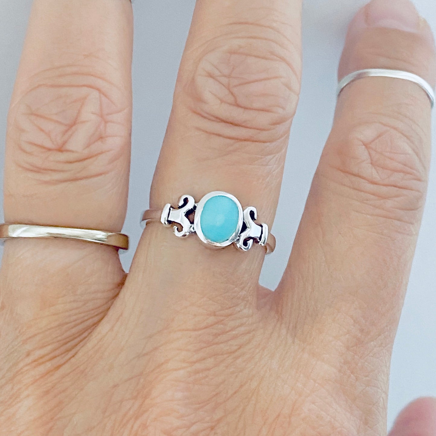 Sterling Silver Round Synthetic Turquoise Ring with Swirls, Dainty Stone Jewelry