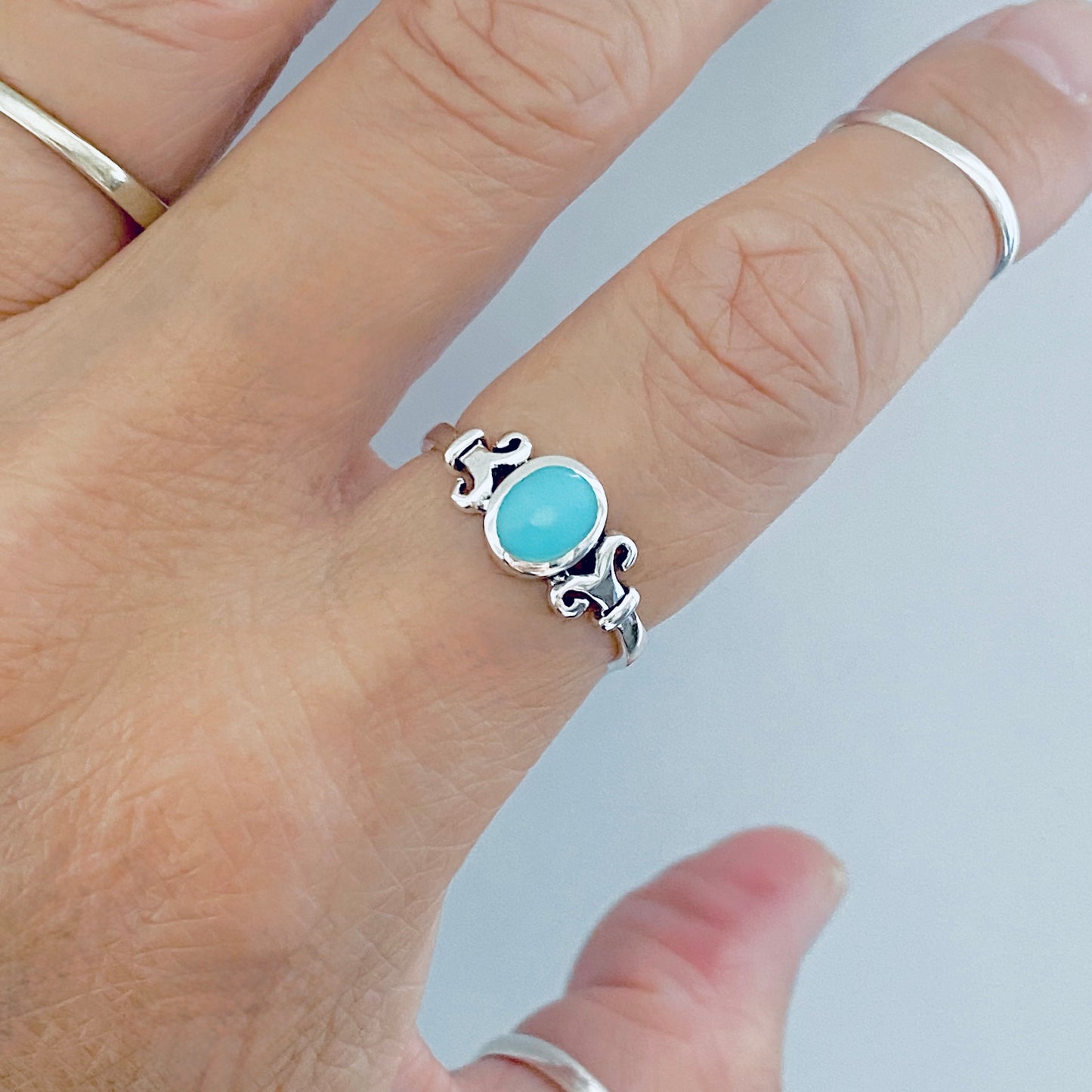 Sterling Silver Round Synthetic Turquoise Ring with Swirls, Dainty Stone Jewelry