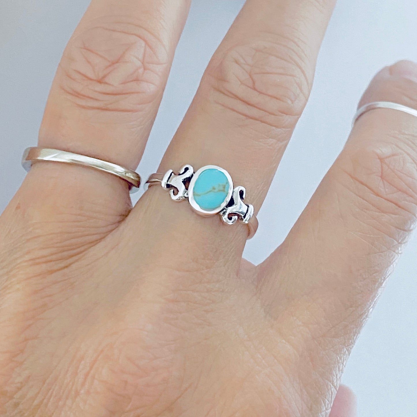 Sterling Silver Round Synthetic Turquoise Ring with Swirls, Dainty Stone Jewelry