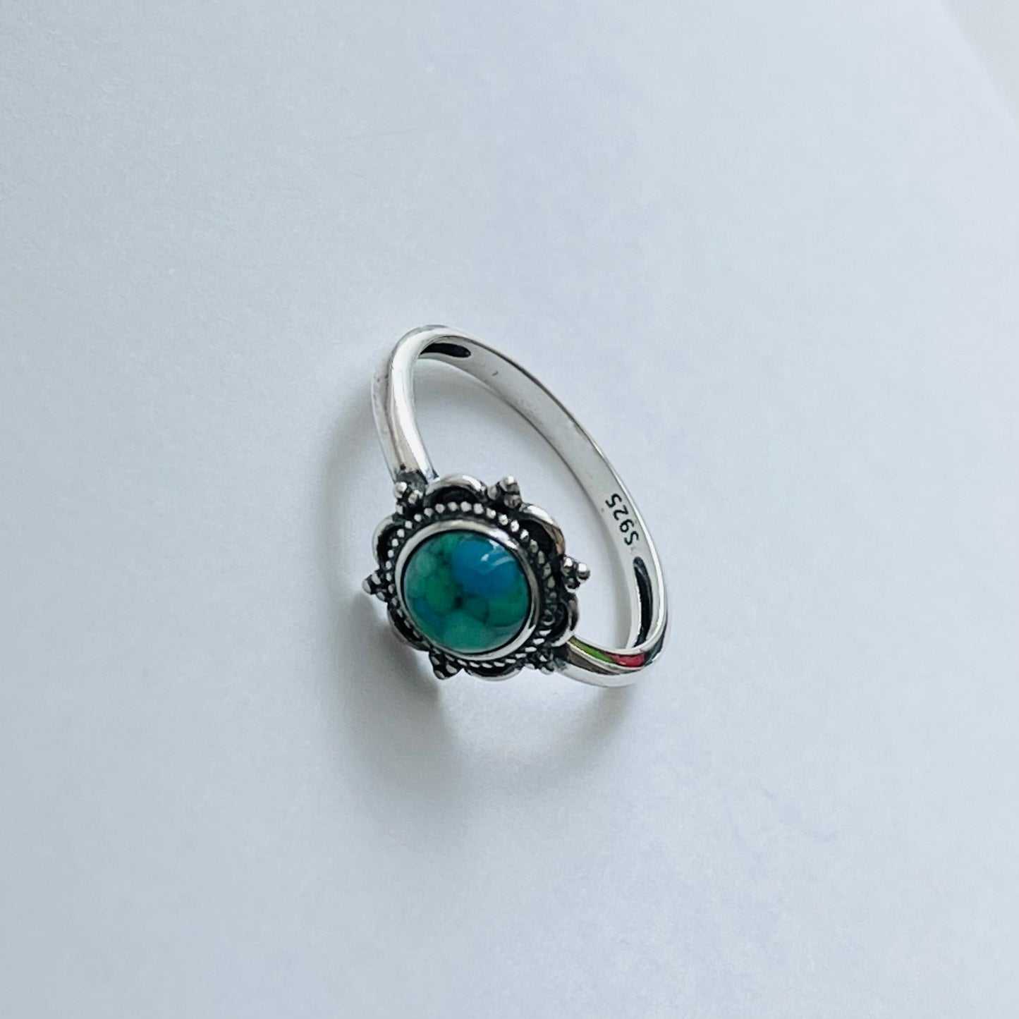 Sterling Silver Flower Genuine Turquoise Ring, Mandala Silver Ring