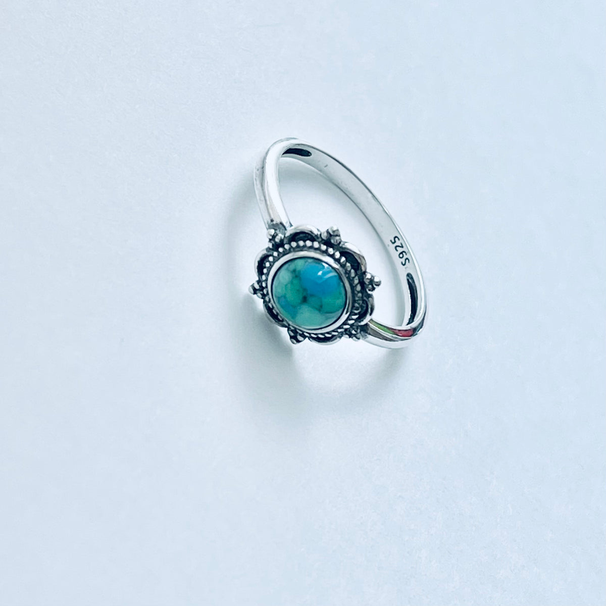 925 Sterling Silver Dainty Flower Genuine Turquoise Ring | Floral Mandala Stone Silver Rings