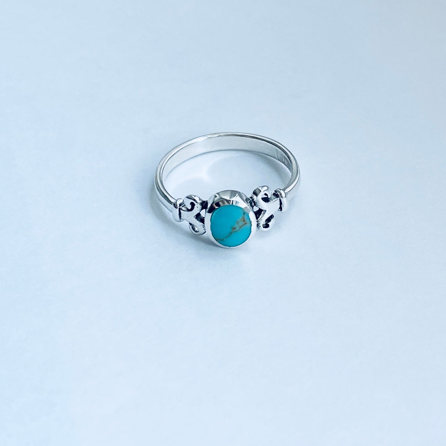 Sterling Silver Round Synthetic Turquoise Ring with Swirls, Dainty Stone Jewelry