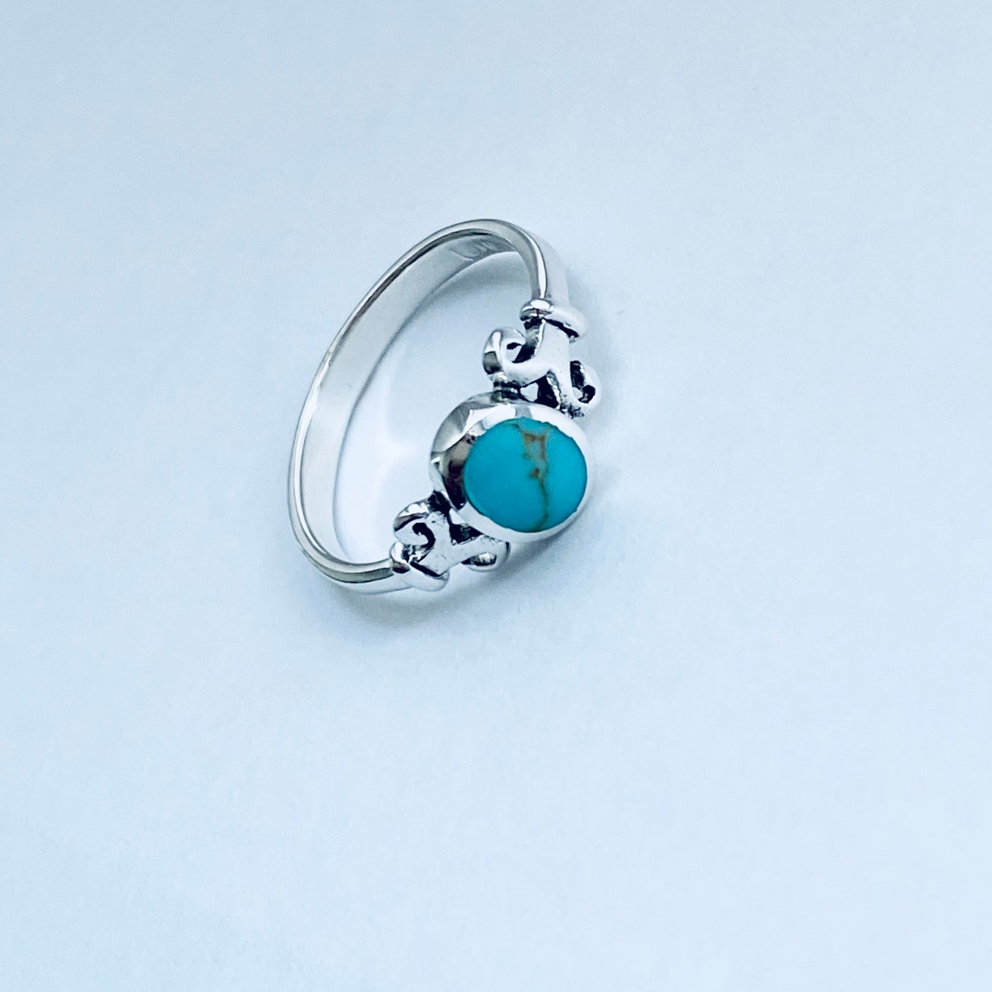 Sterling Silver Round Synthetic Turquoise Ring with Swirls, Dainty Stone Jewelry