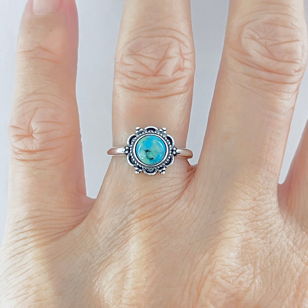 925 Sterling Silver Dainty Flower Genuine Turquoise Ring | Floral Mandala Stone Silver Rings