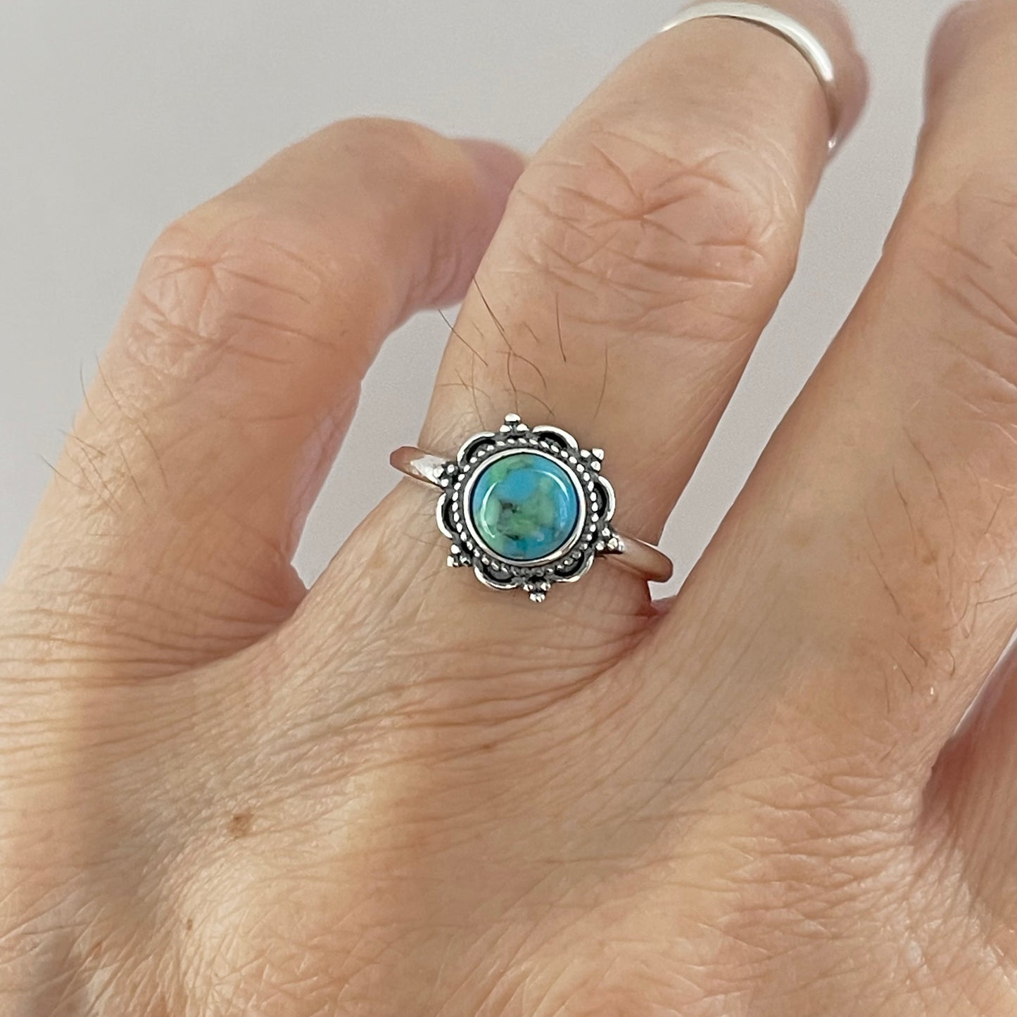 Sterling Silver Flower Genuine Turquoise Ring, Mandala Silver Ring